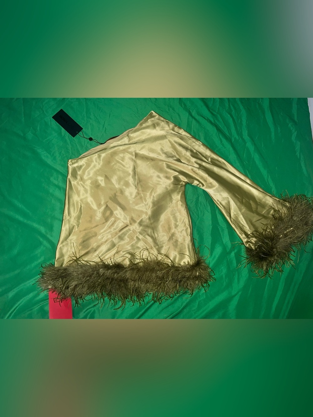 Fashion Nova One-Shoulder Lime Green Satin Feather Trim Blouse - Picture 5 of 14